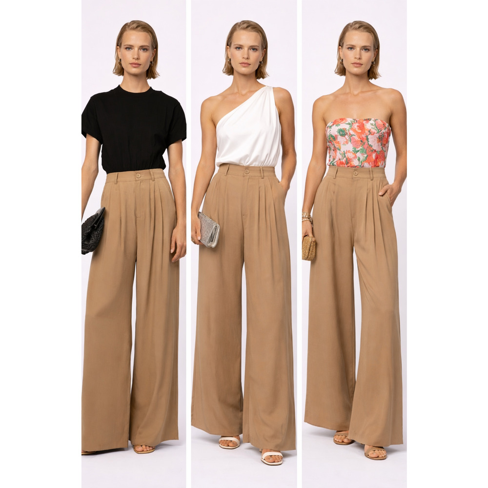 NONCHALANT Label Camel Wide Leg Trouser Pants High Rise pleated Chic Lux Sz-M